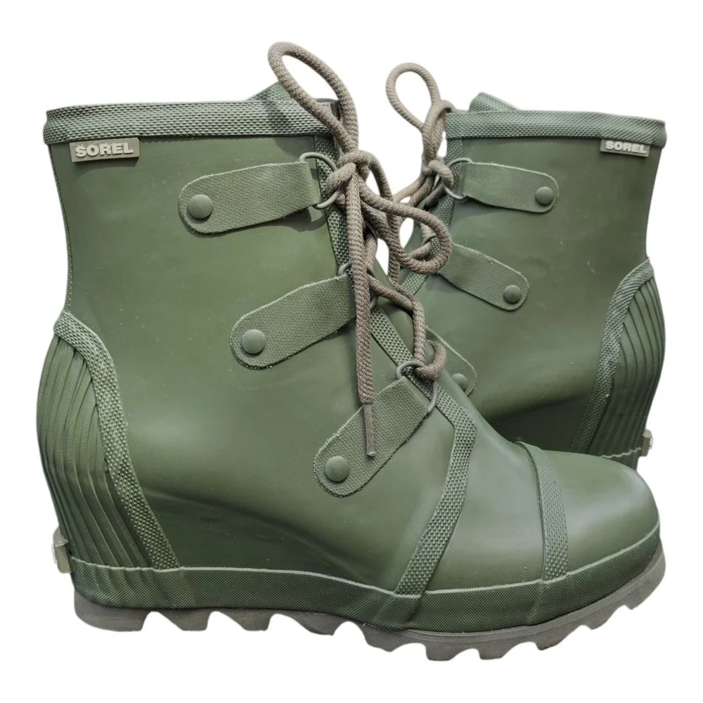 Sorel Joan Rain Wedge Boots Nori Green Olive Size 11 NL2442-383 Rare Excellent